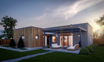 4-room L-shaped house with a flat roof. The kitchen and living room form a single large space.